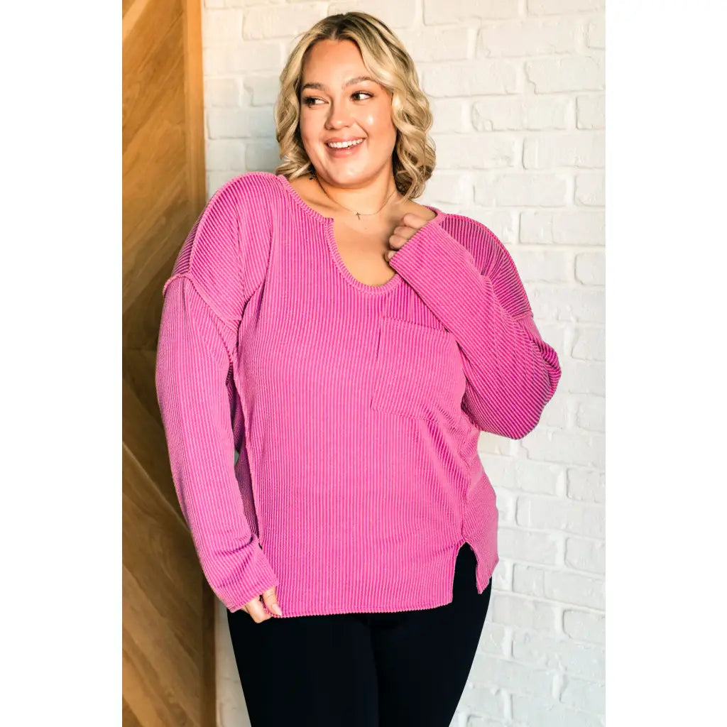 Get cozy in our A Notch Above Ribbed Knit Top Pink! This stretchy and oversized long sleeve top features a unique notch