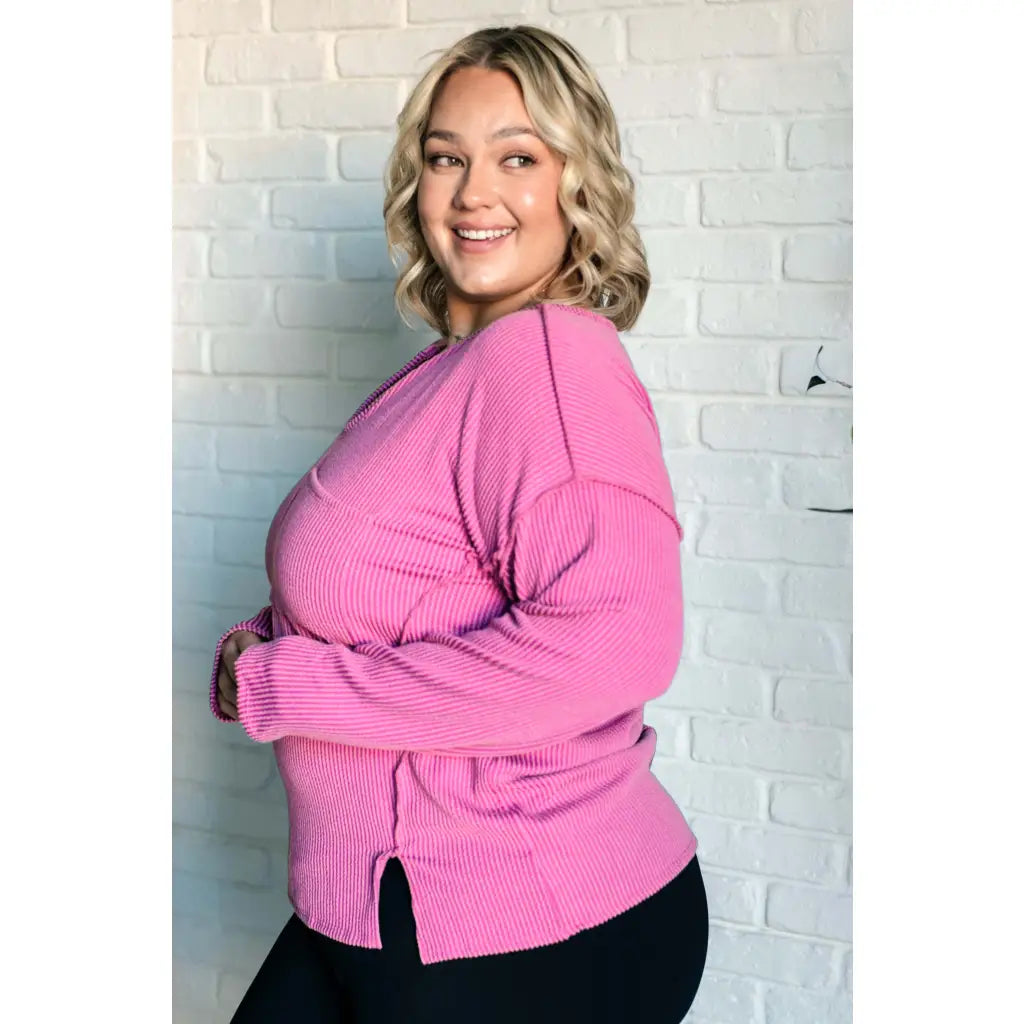 Get cozy in our A Notch Above Ribbed Knit Top Pink! This stretchy and oversized long sleeve top features a unique notch