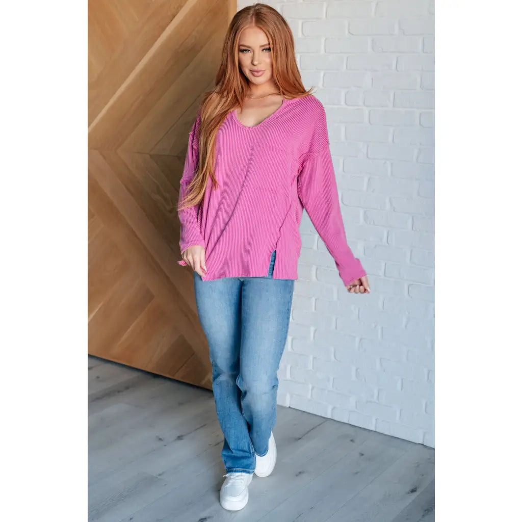 Get cozy in our A Notch Above Ribbed Knit Top Pink! This stretchy and oversized long sleeve top features a unique notch