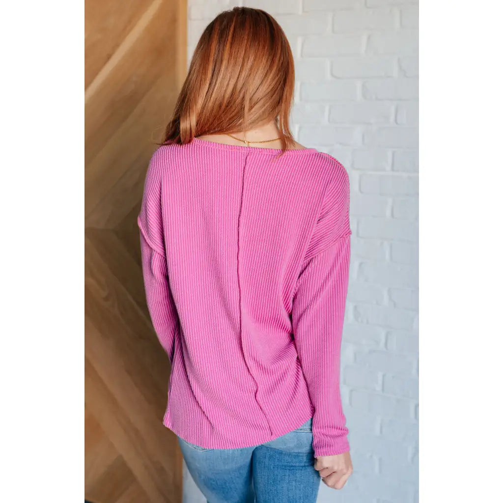 Get cozy in our A Notch Above Ribbed Knit Top Pink! This stretchy and oversized long sleeve top features a unique notch
