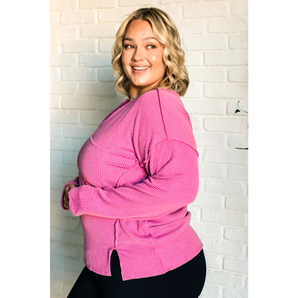 Get cozy in our A Notch Above Ribbed Knit Top Pink! This stretchy and oversized long sleeve top features a unique notch