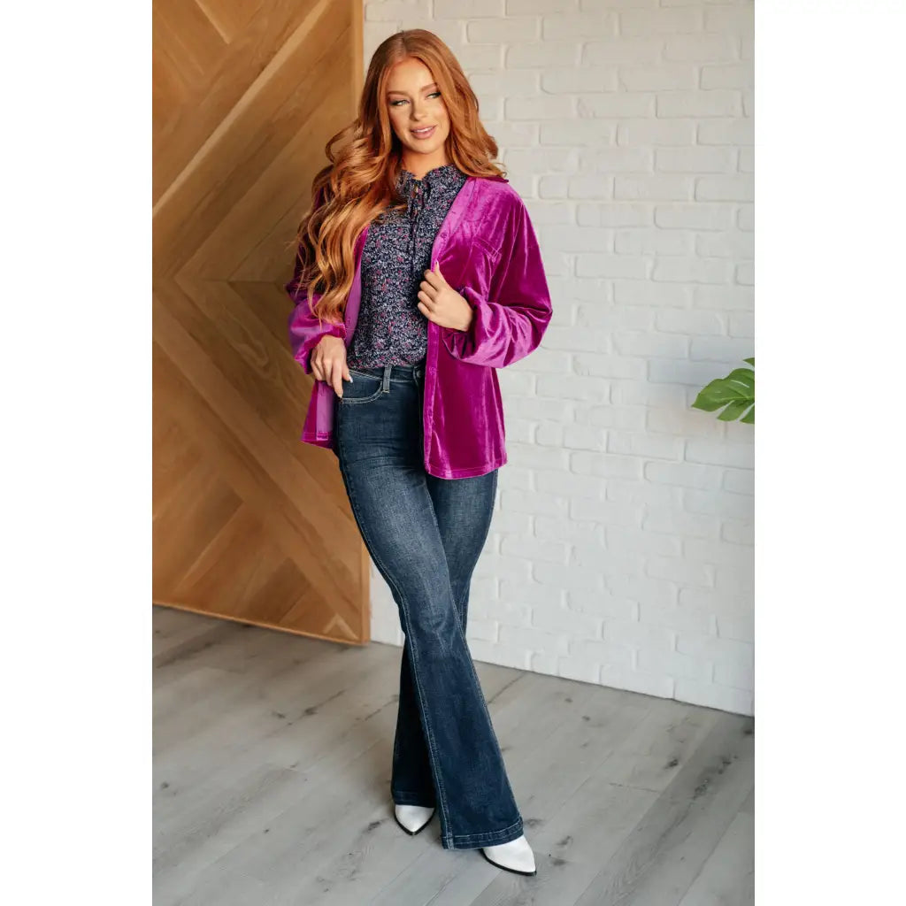 Our Best Policy Purple Velvet Top features a soft and luxurious material in an absolutely gorgeous jewel toned color.