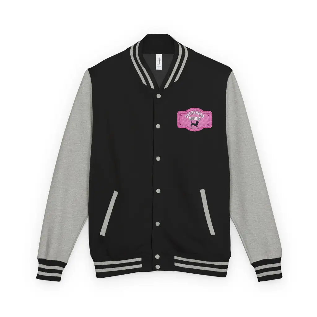 Varsity-style jacket with dachshund mom printed patch. Hot pink or black unisex fit and cozy fall boutique vibes