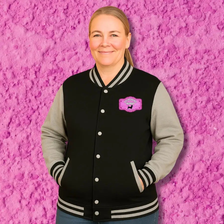 Varsity-style jacket with dachshund mom printed patch. Hot pink or black unisex fit and cozy fall boutique vibes