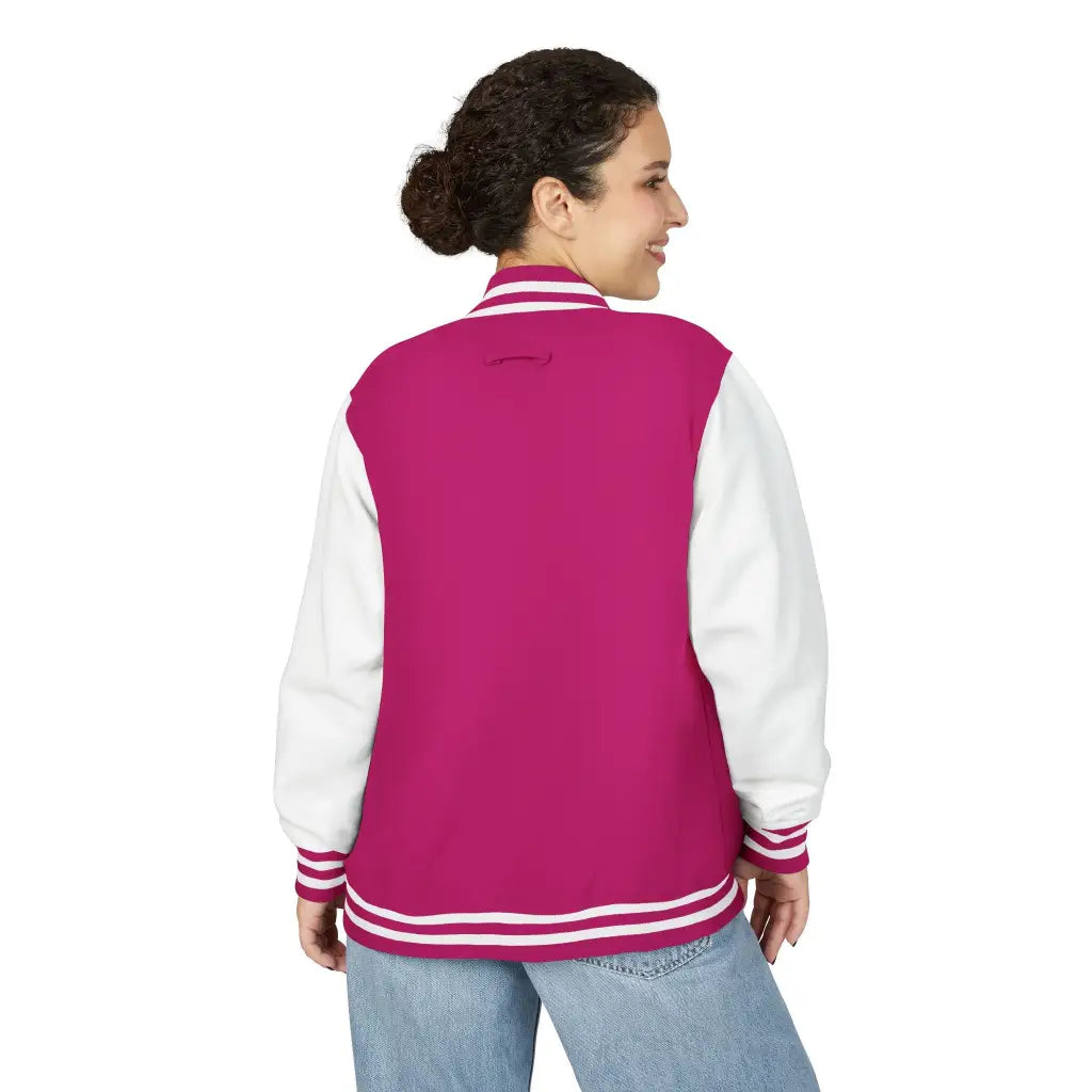 Varsity-style jacket with dachshund mom printed patch. Hot pink or black unisex fit and cozy fall boutique vibes