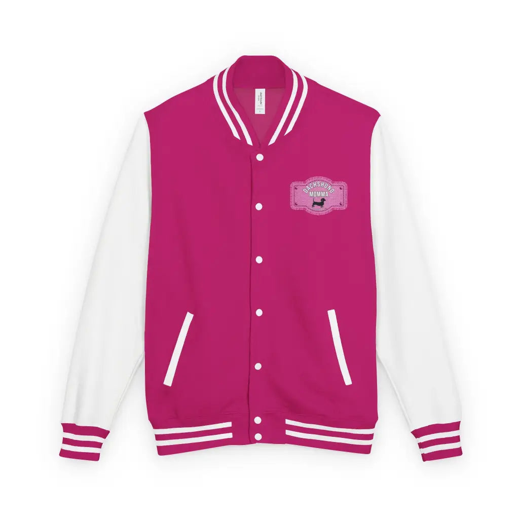 Varsity-style jacket with dachshund mom printed patch. Hot pink or black unisex fit and cozy fall boutique vibes