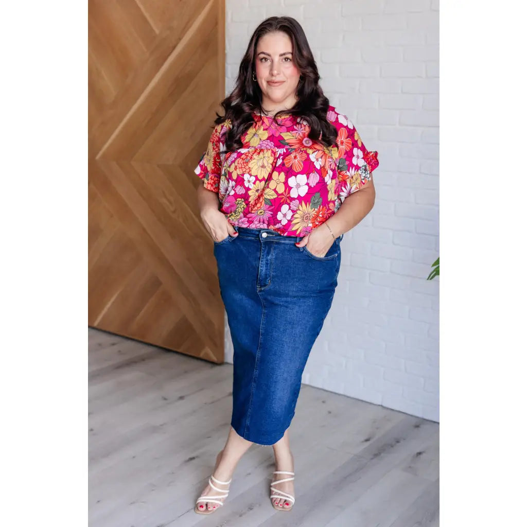 Floral Bulgari knit top with flutter sleeves and a gathered bust. Wrinkle-resistant available in plus sizes up to 3XL