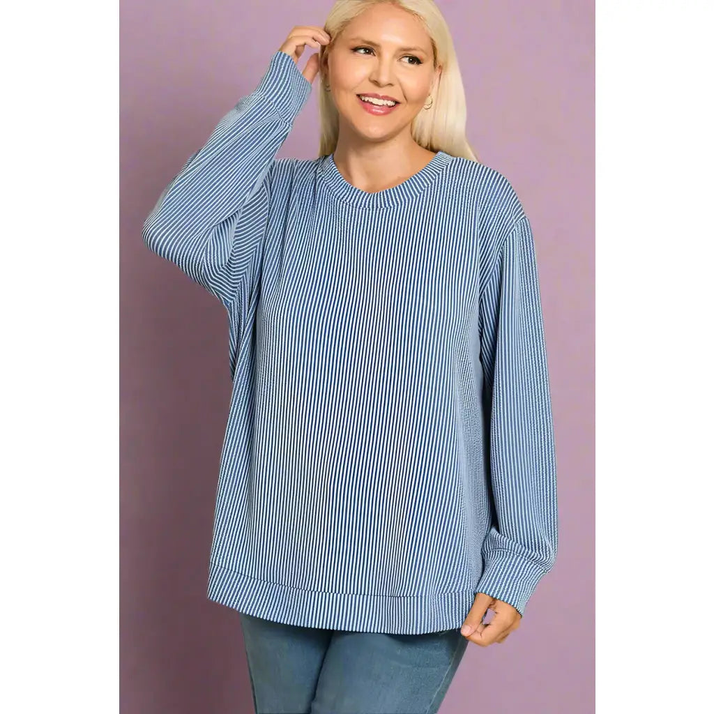 Blue Haze ribbed long sleeve top with round neckline. Plus size friendly cozy and casual light stretch. Perfect