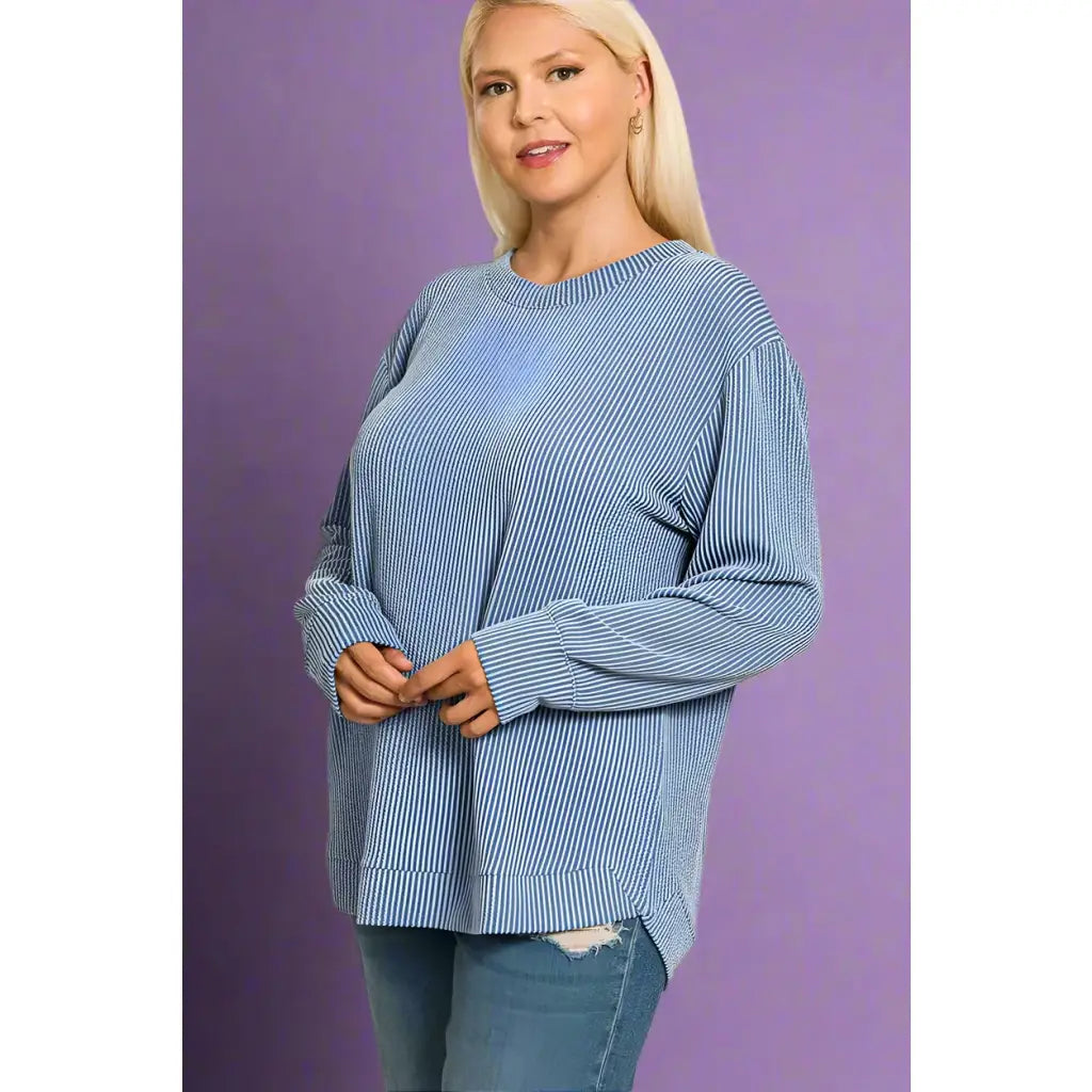 Blue Haze ribbed long sleeve top with round neckline. Plus size friendly cozy and casual light stretch. Perfect