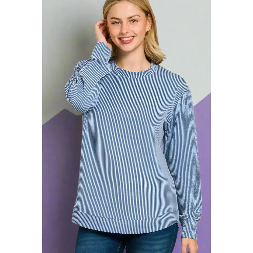 Blue Haze ribbed long sleeve top with round neckline. Plus size friendly cozy and casual light stretch. Perfect