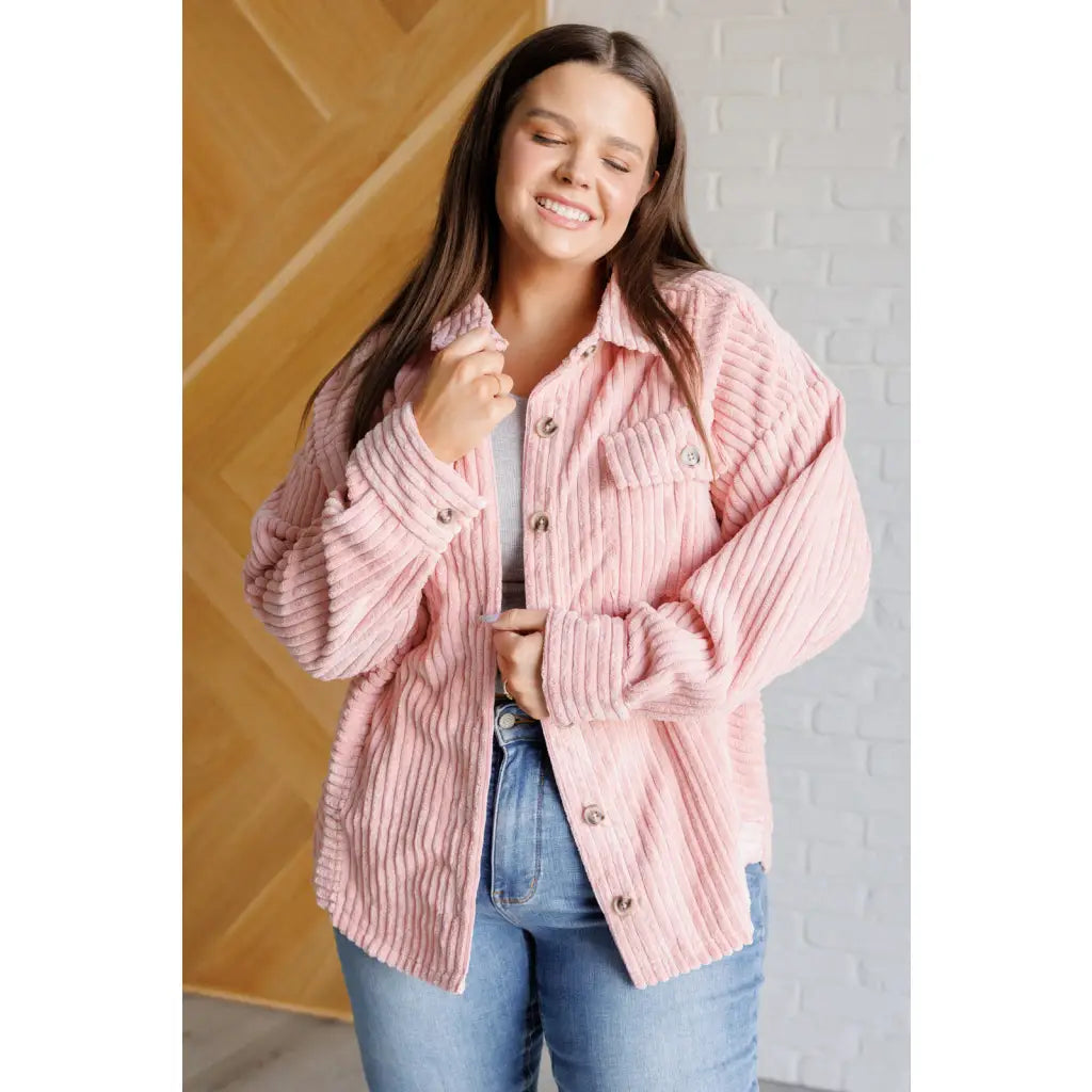 Our Blush Pink Soft Corduroy Shacket is sure to be your new go for layering style! The wide ribbed corduroy detail