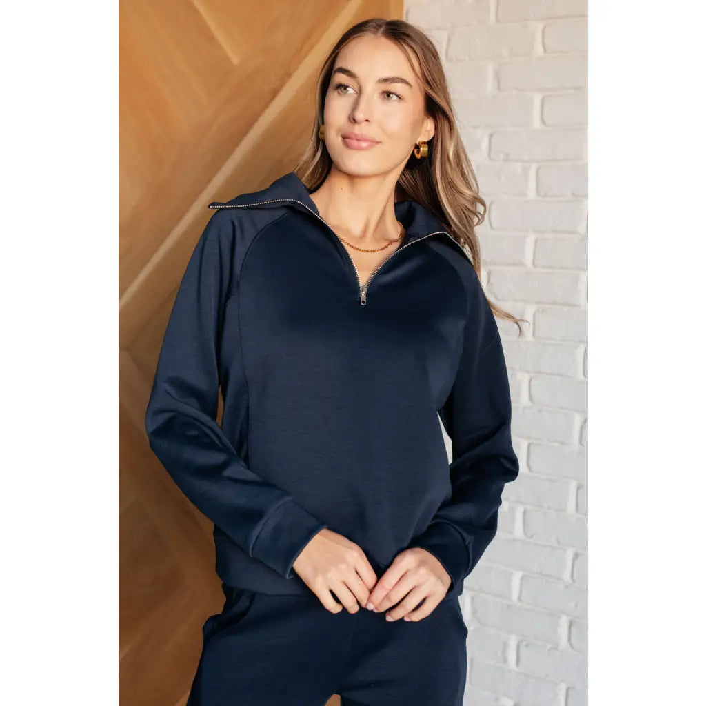 Our Boujee Basic Travel Zip Pullover in Navy will help you stay comfortable and stylish on your travel days! The soft