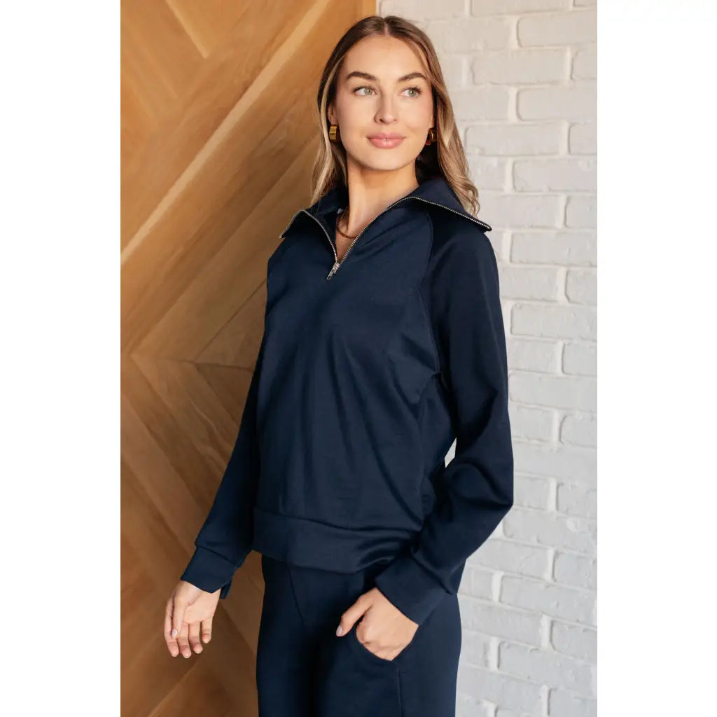 Our Boujee Basic Travel Zip Pullover in Navy will help you stay comfortable and stylish on your travel days! The soft