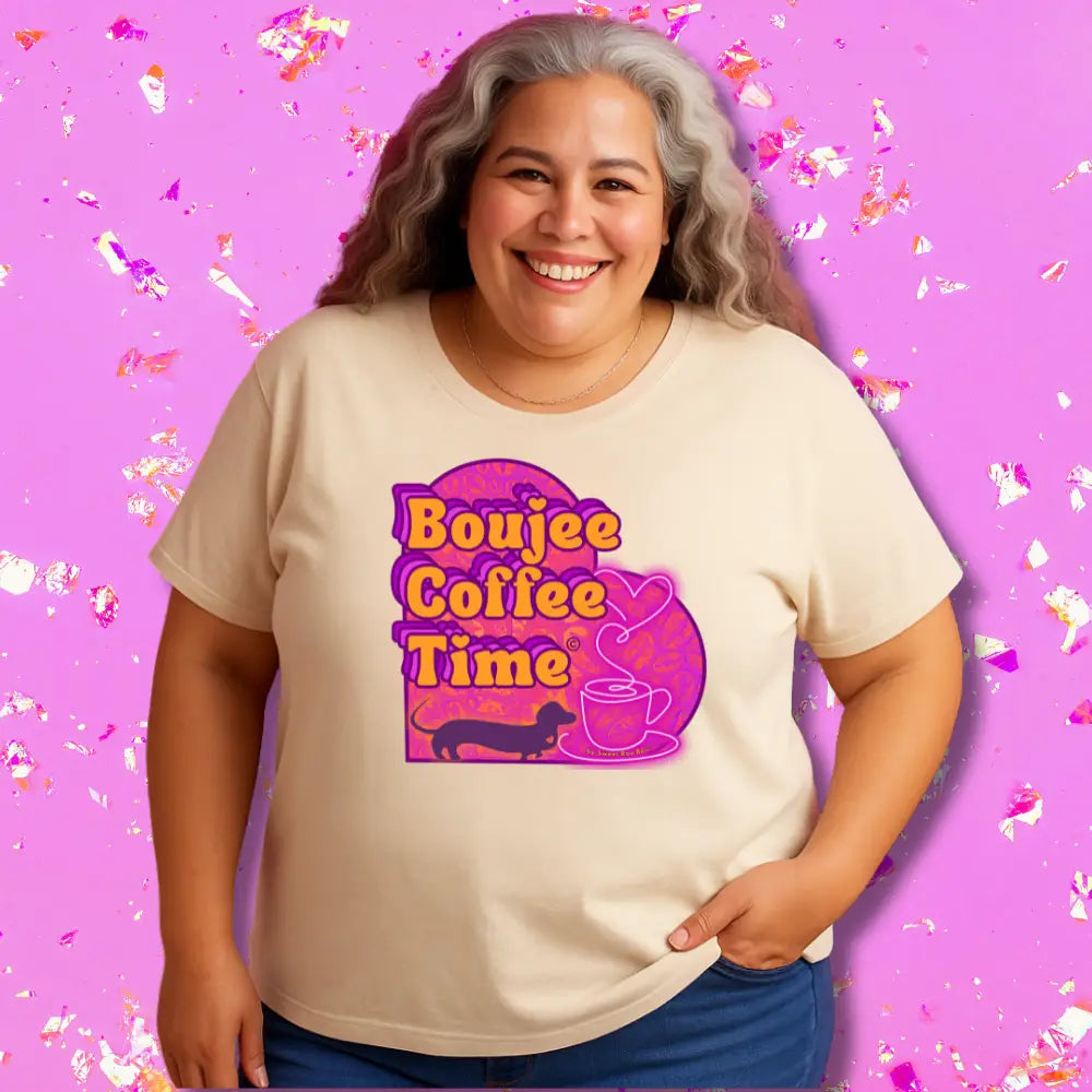 The Boujee Coffee Time© Crew Neck Ladies Tee by Sweet Roo Bou features Roxy in a boutique design made for coffee