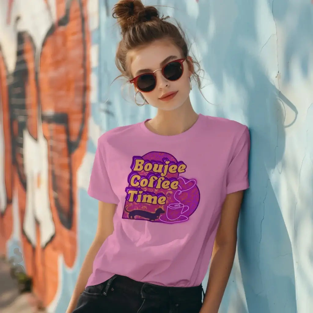 The Boujee Coffee Time© Crew Neck Ladies Tee by Sweet Roo Bou features Roxy in a boutique design made for coffee