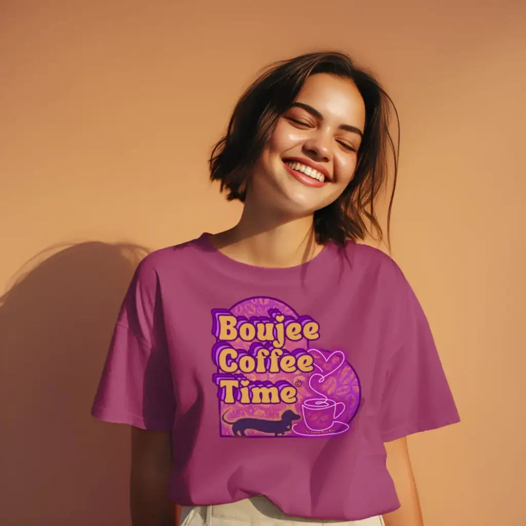 The Boujee Coffee Time© Crew Neck Ladies Tee by Sweet Roo Bou features Roxy in a boutique design made for coffee