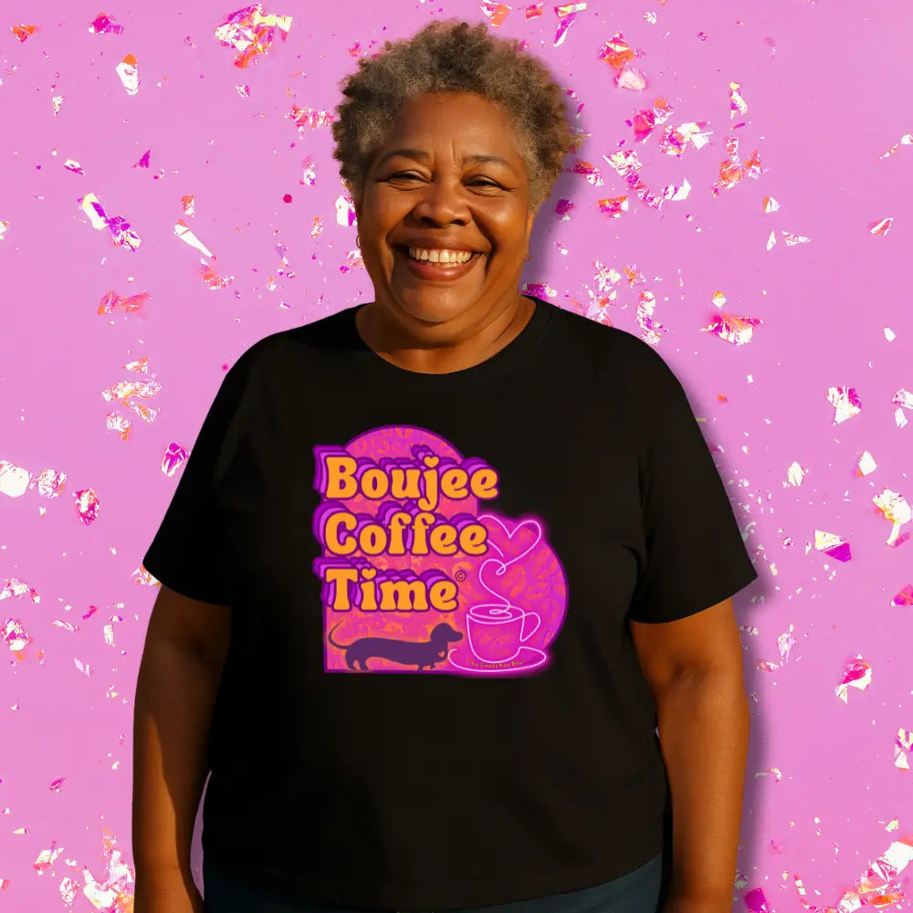 The Boujee Coffee Time© Crew Neck Ladies Tee by Sweet Roo Bou features Roxy in a boutique design made for coffee