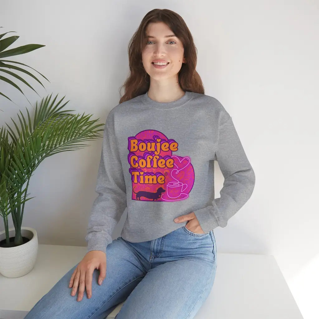 Cozy up in style with the Boujee Coffee Time sweatshirt. Available Ash Black Light Pink and Sport Gray perfect