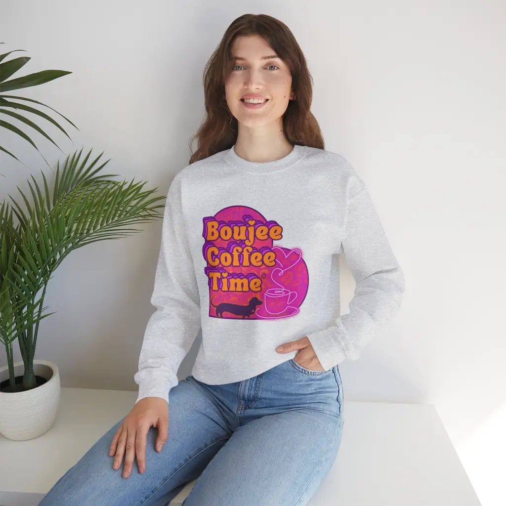Cozy up in style with the Boujee Coffee Time sweatshirt. Available Ash Black Light Pink and Sport Gray perfect