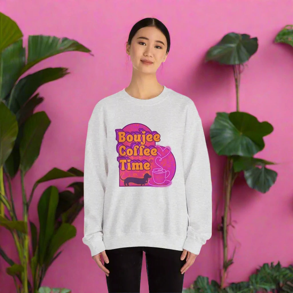 Cozy up in style with the Boujee Coffee Time sweatshirt. Available Ash Black Light Pink and Sport Gray perfect
