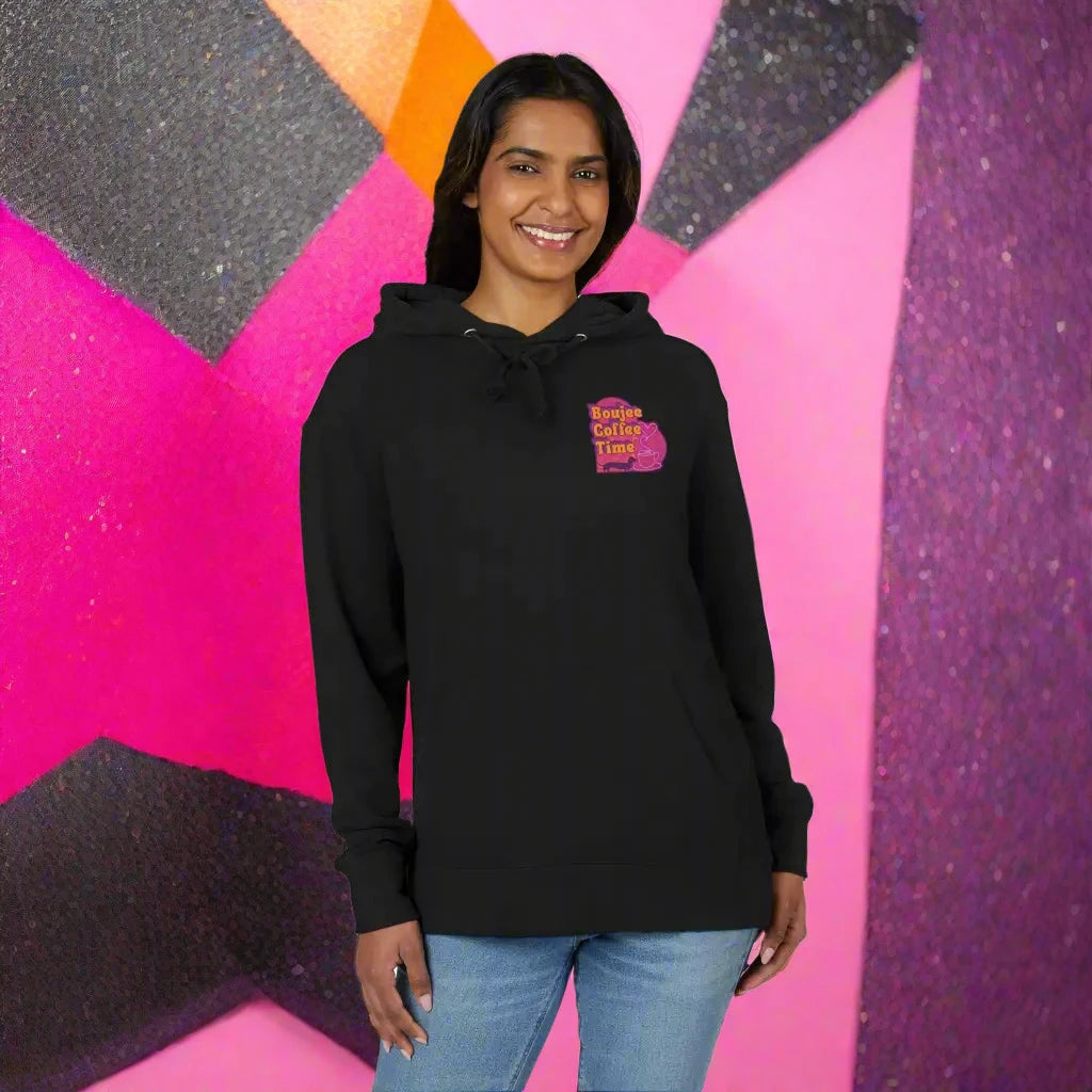 Cozy unisex French terry hoodie with bold coffee graphics. Available in sizes XS to 3XL for every Boujee Coffee lover’s