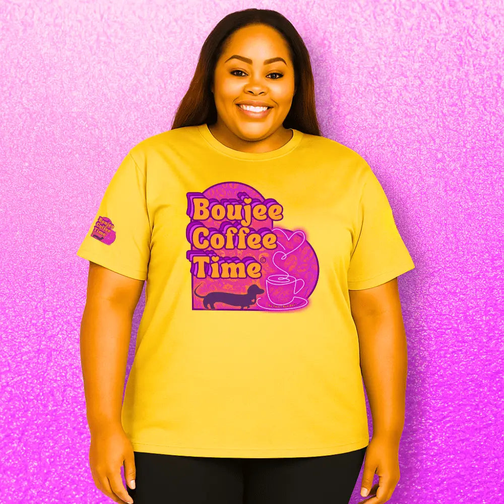 Boujee Coffee Time® Sporty Tee in bold colors moisture wicking fabric and sizes XS to 4XL. Plus size friendly