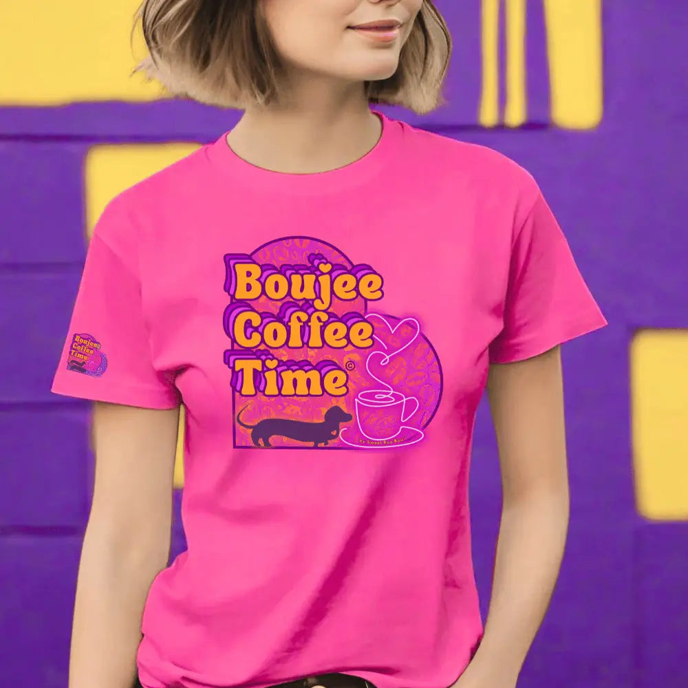 Boujee Coffee Time® Sporty Tee in bold colors moisture wicking fabric and sizes XS to 4XL. Plus size friendly