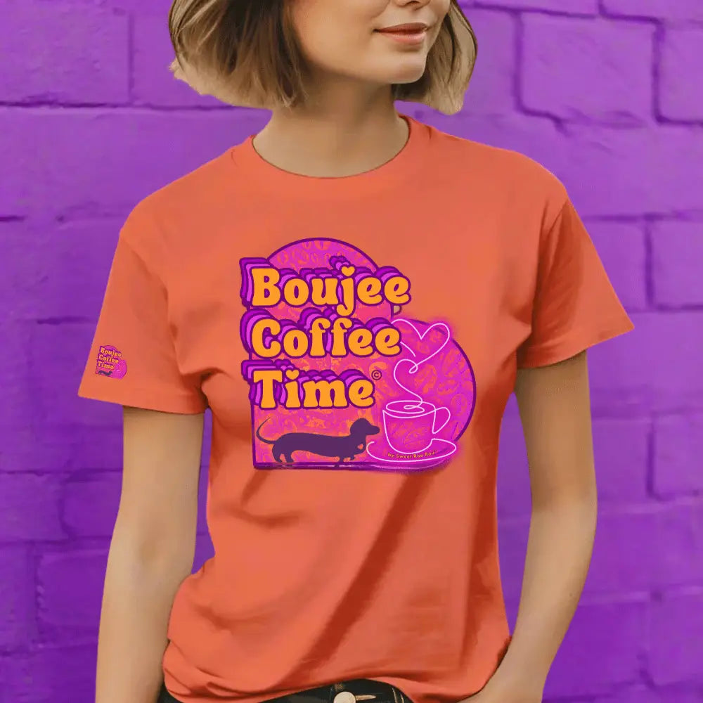 Boujee Coffee Time® Sporty Tee in bold colors moisture wicking fabric and sizes XS to 4XL. Plus size friendly