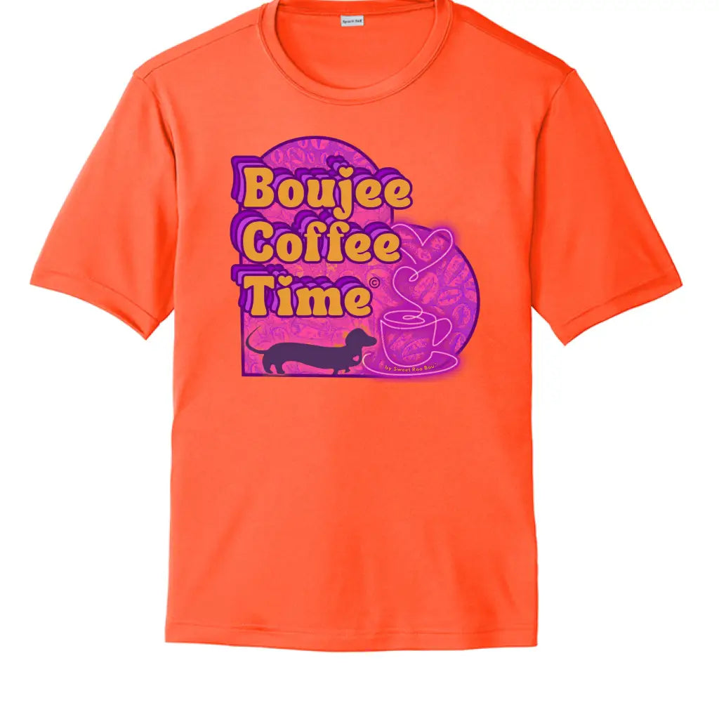 Boujee Coffee Time® Sporty Tee in bold colors moisture wicking fabric and sizes XS to 4XL. Plus size friendly