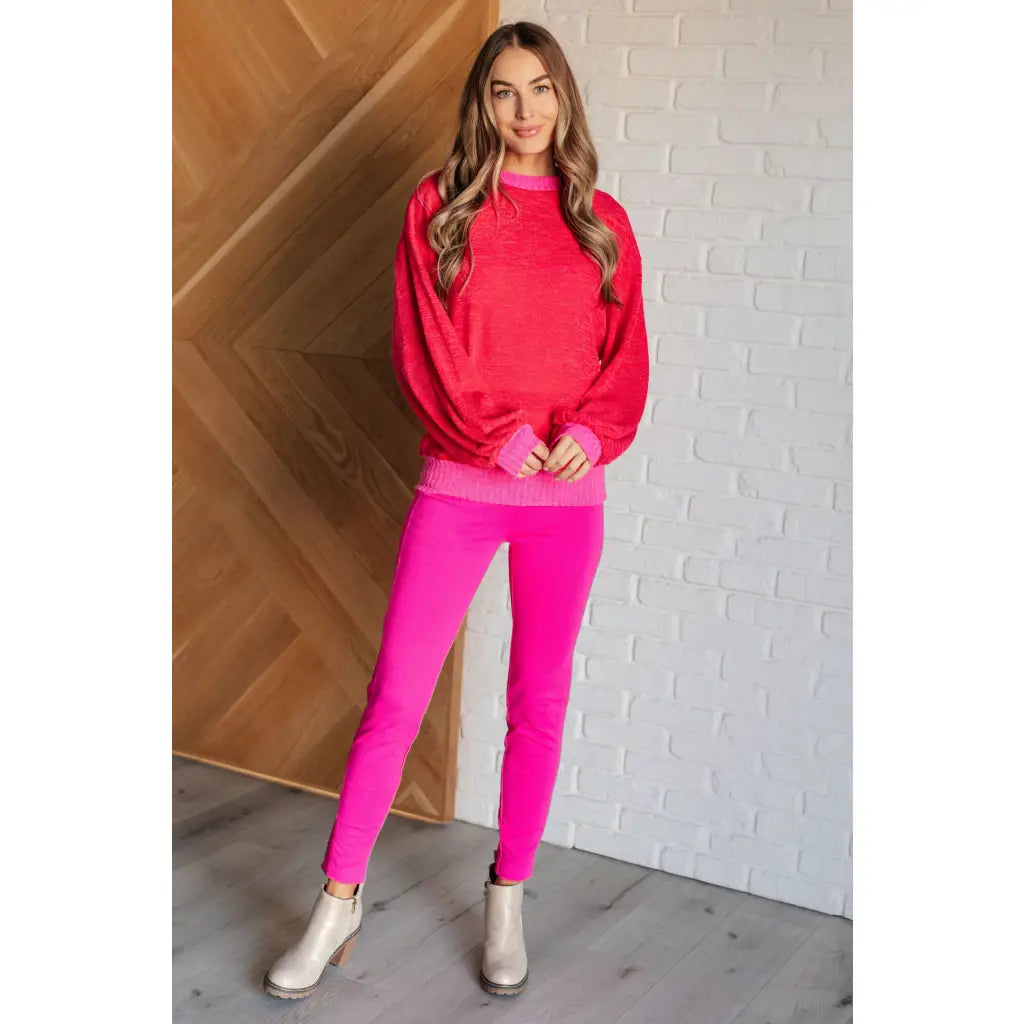 Our Bright as Lights Oversized Pink Pullover is made from lightweight French Terry and an elevated stretchy sweatshirt.