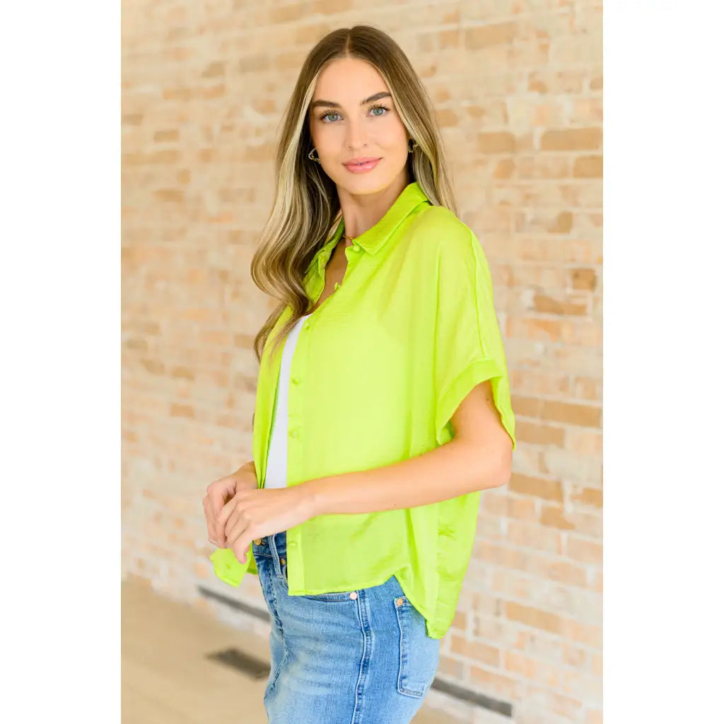 Neon citrus plus size oversized blouse with functional buttons and drop shoulders. Solves the comfy + chic style