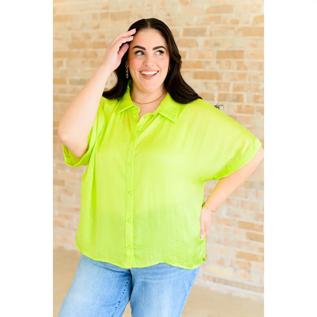 Neon citrus plus size oversized blouse with functional buttons and drop shoulders. Solves the comfy + chic style
