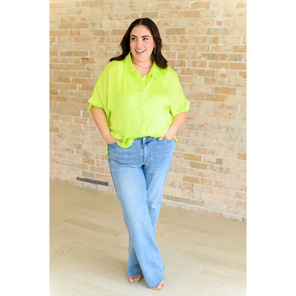 Neon citrus plus size oversized blouse with functional buttons and drop shoulders. Solves the comfy + chic style