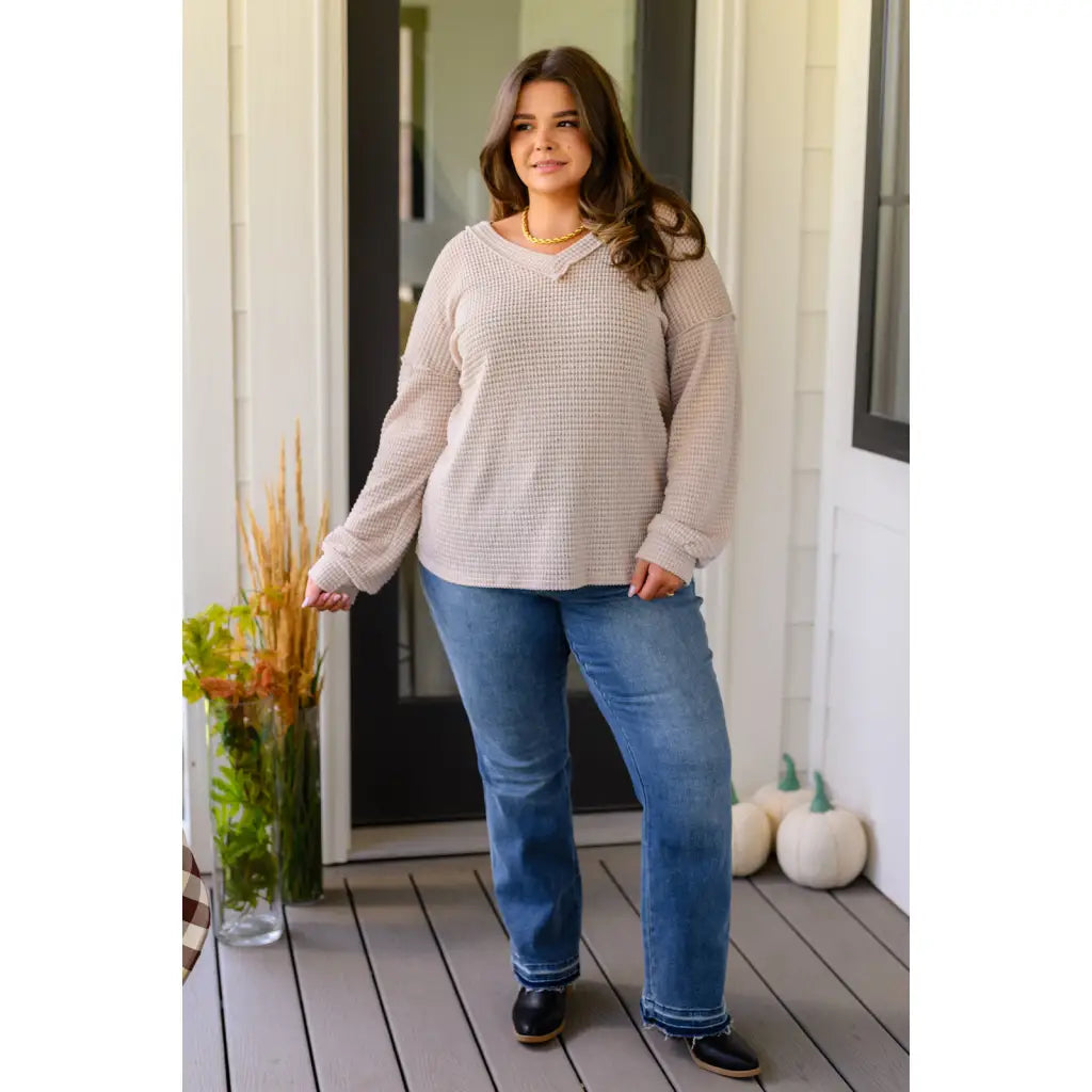 Chill out in style wearing our Calm In The Chaos V-Neck Sweater! This lightweight semi-sheer beige waffle knit sweater