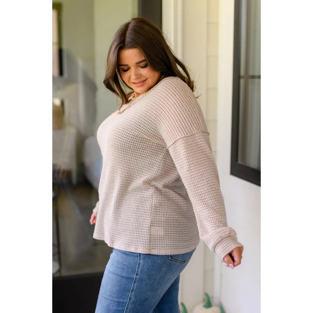 Chill out in style wearing our Calm In The Chaos V-Neck Sweater! This lightweight semi-sheer beige waffle knit sweater