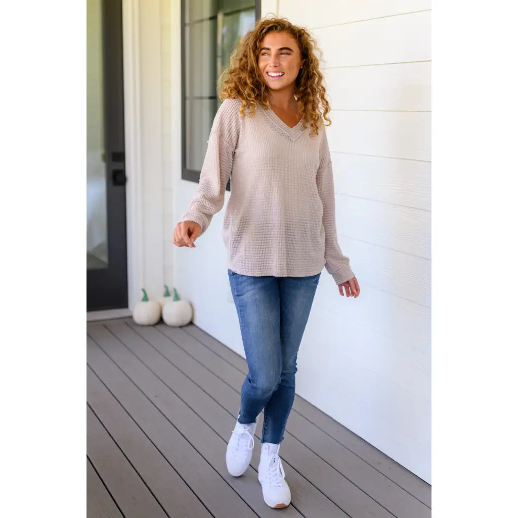 Chill out in style wearing our Calm In The Chaos V-Neck Sweater! This lightweight semi-sheer beige waffle knit sweater