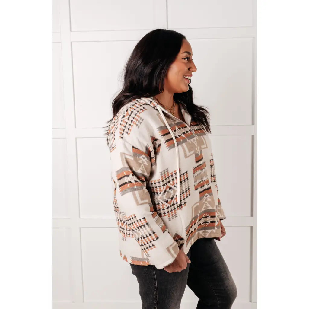 Our Caramel and Mocha Aztec Print Hoodie features a thick woven off-white brushed flannel with cozy print hooded 1/2