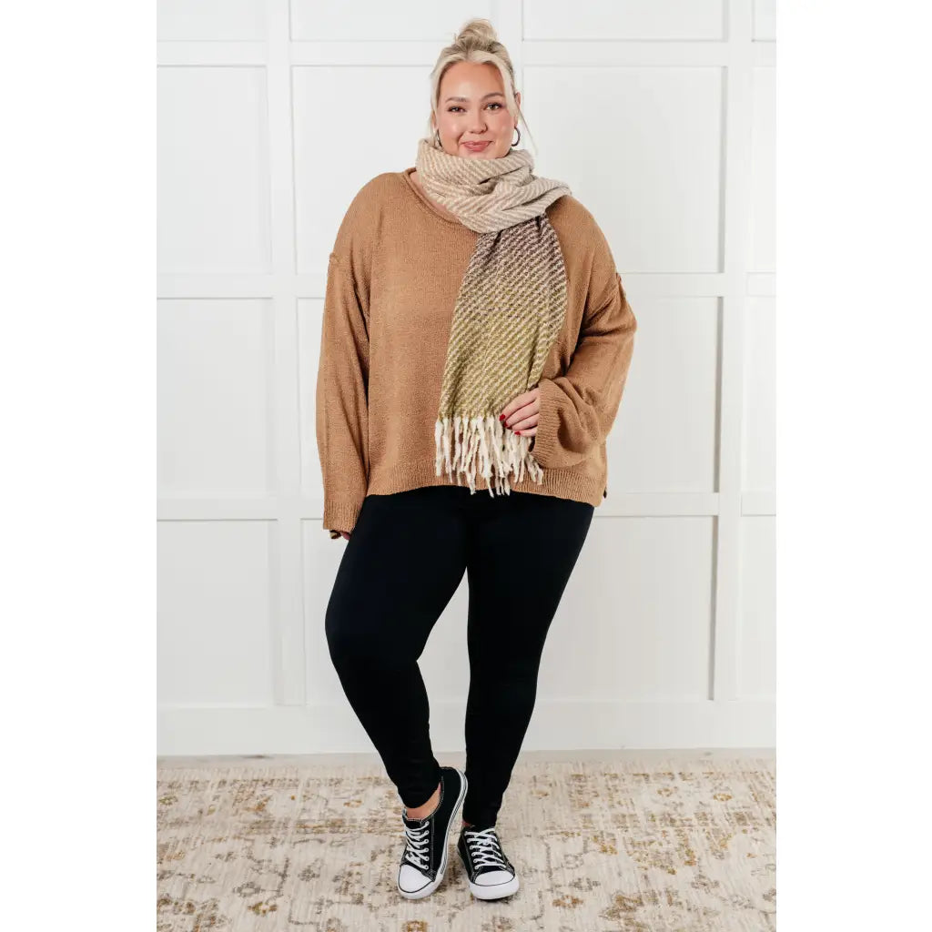 Our Caramel Feelings Boatneck Sweater features a wide boat neckline and dropped shoulder chest pocket that gives