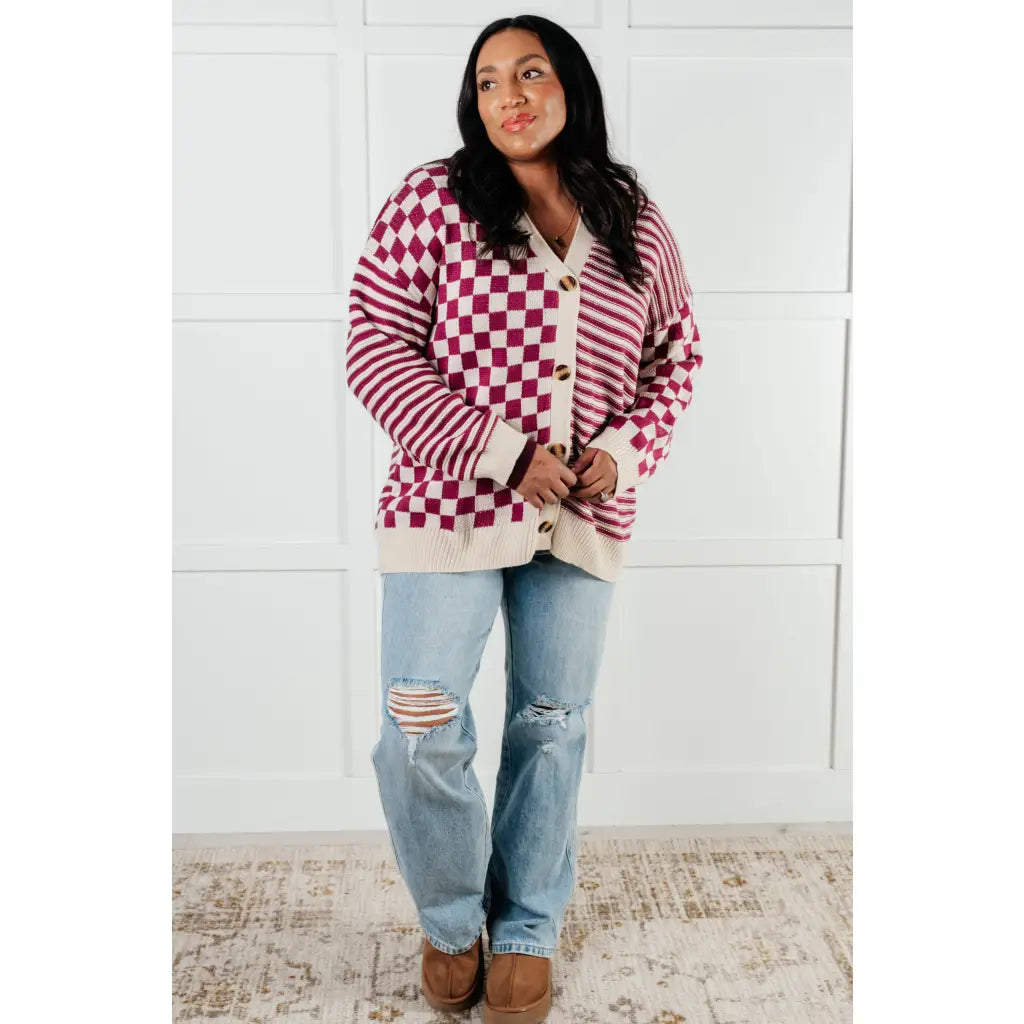 Stay cozy and stylish in our Check the Stripes Knit Cardigan Magenta Oatmeal is a versatile piece features flattering