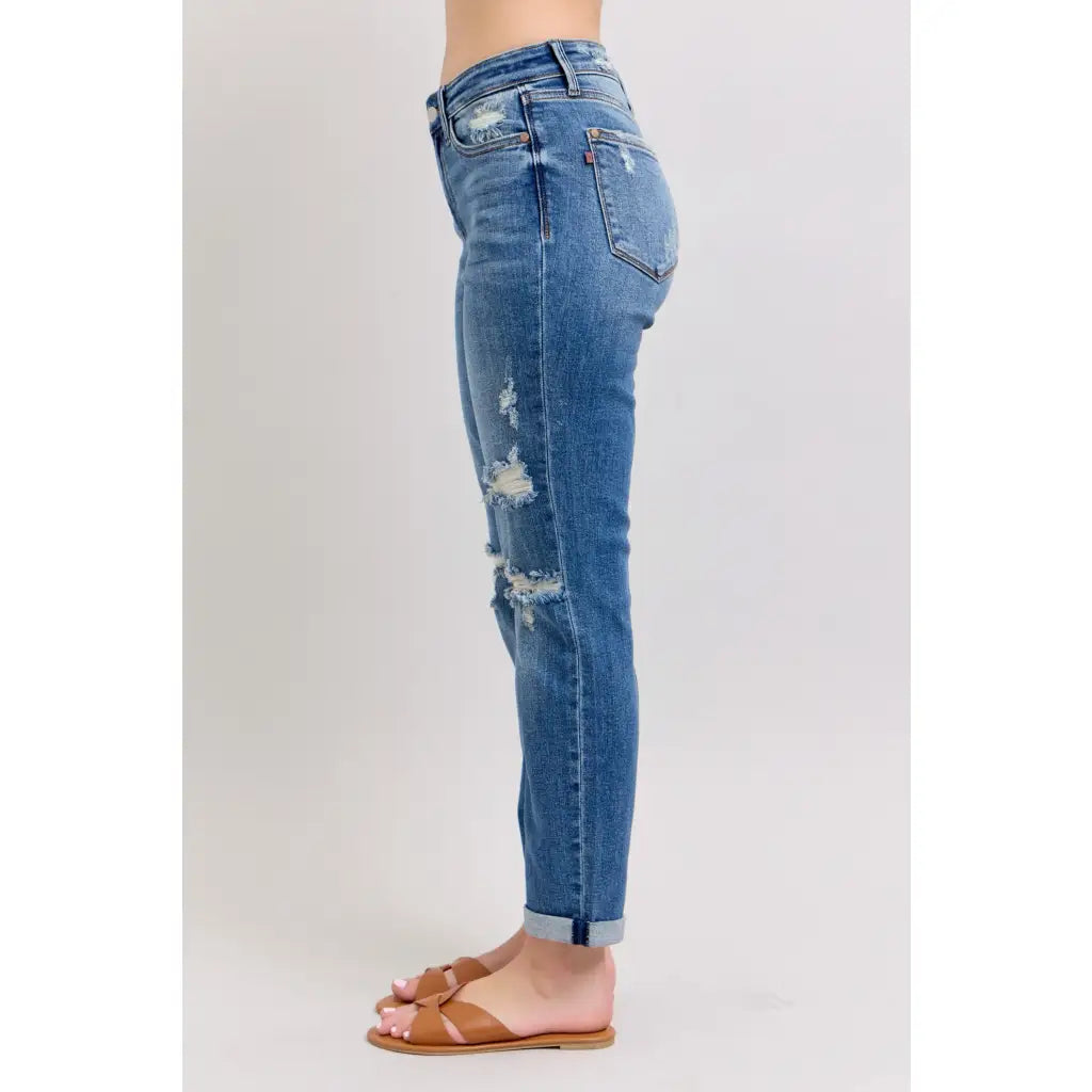 Vintage-inspired Judy Blue boyfriend jeans with cuffed hem distressed details and plus size fit. Relaxed comfy