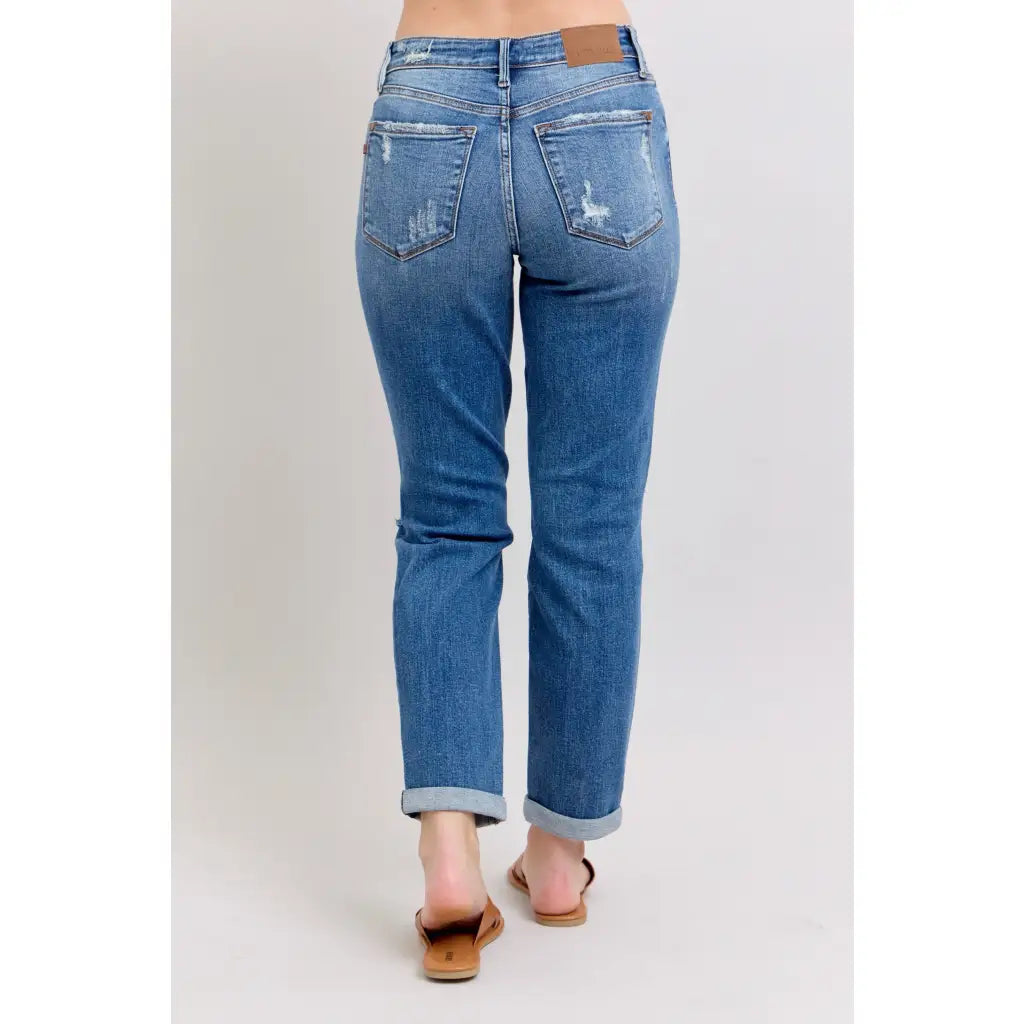 Vintage-inspired Judy Blue boyfriend jeans with cuffed hem distressed details and plus size fit. Relaxed comfy
