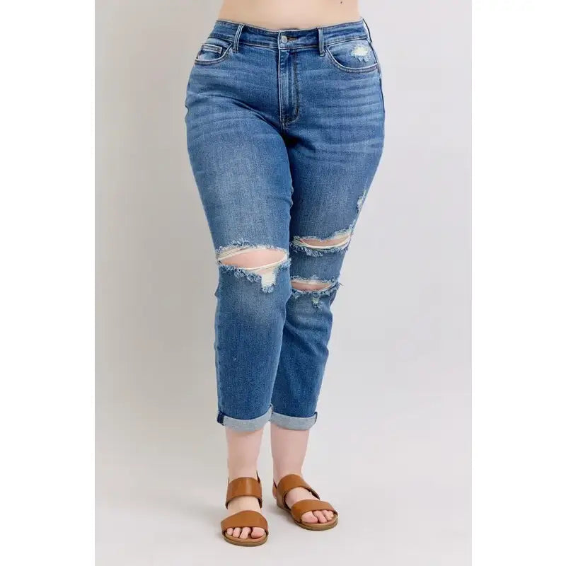 Vintage-inspired Judy Blue boyfriend jeans with cuffed hem distressed details and plus size fit. Relaxed comfy