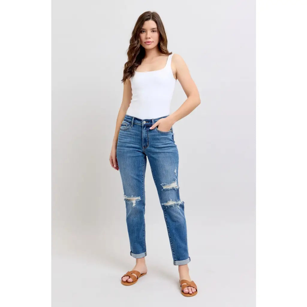 Vintage-inspired Judy Blue boyfriend jeans with cuffed hem distressed details and plus size fit. Relaxed comfy