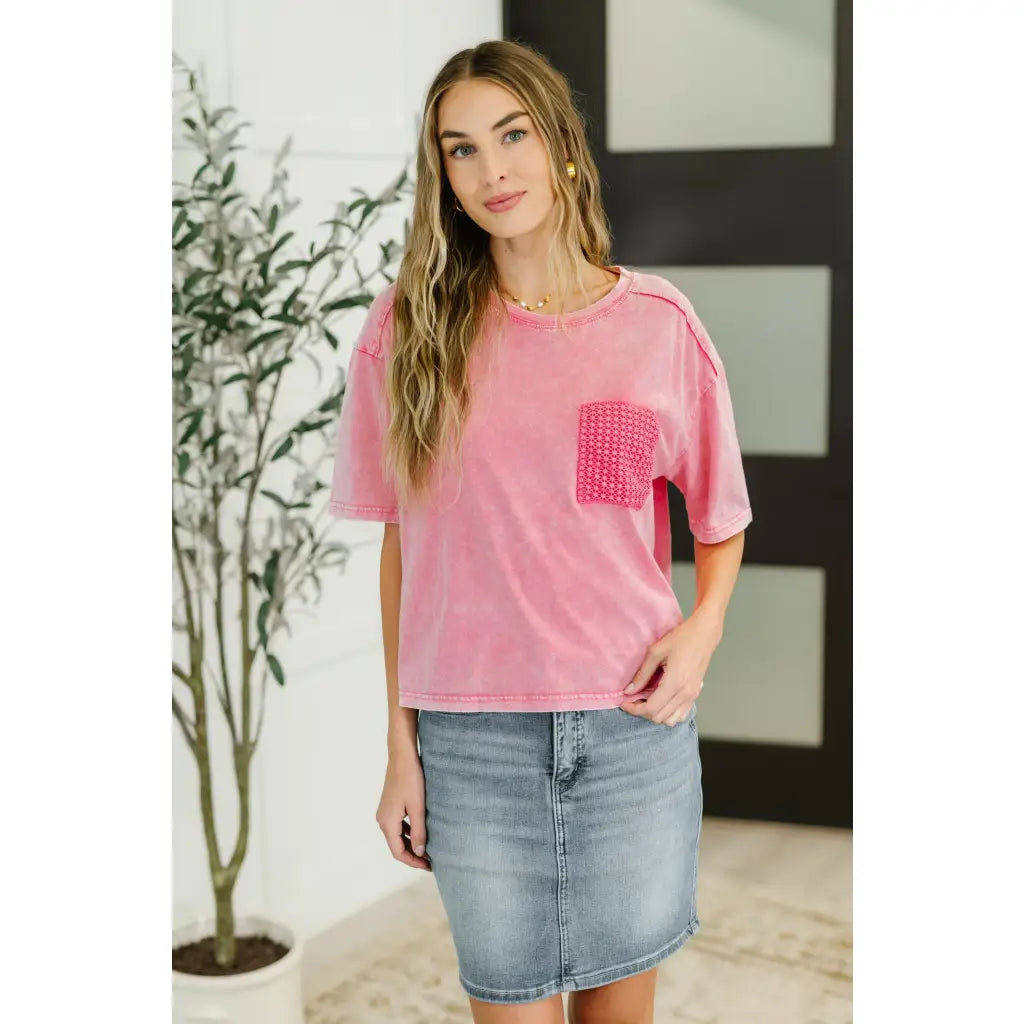 Soft pink crochet pocket tee with drop shoulder and stretch jersey comfort. Cozy cute plus size friendly for everyday