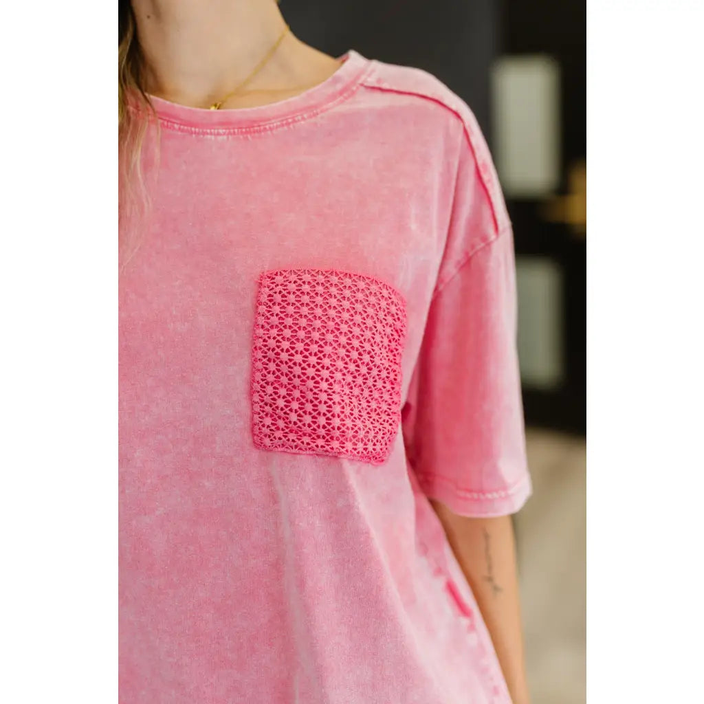 Soft pink crochet pocket tee with drop shoulder and stretch jersey comfort. Cozy cute plus size friendly for everyday