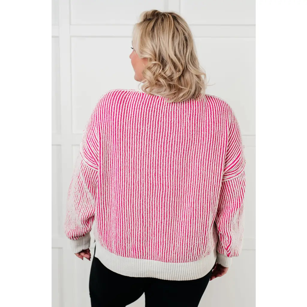 Our Cozy Oversized Contrast Trim Sweater in Pink and White features a textured knit banded ribbed details on the round
