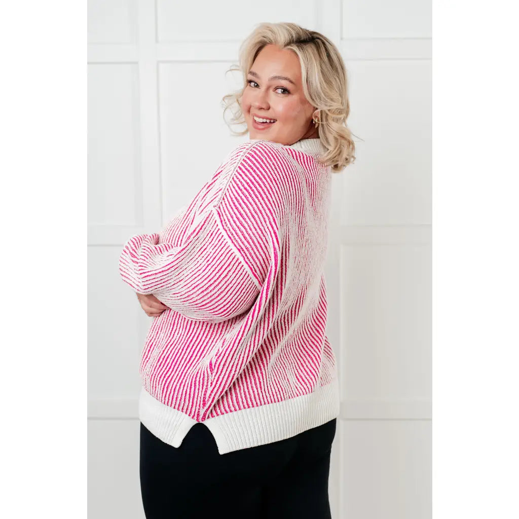 Our Cozy Oversized Contrast Trim Sweater in Pink and White features a textured knit banded ribbed details on the round