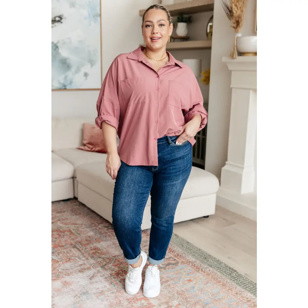 Dusty blush button up top S to 3XL plus size friendly and chic. Soft versatile polished for work or weekends