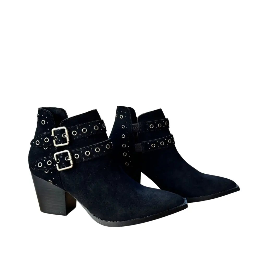 Step into timeless style with the Elsa Leather Ankle Boot in Black! Genuine suede stylish hardware and cushioned