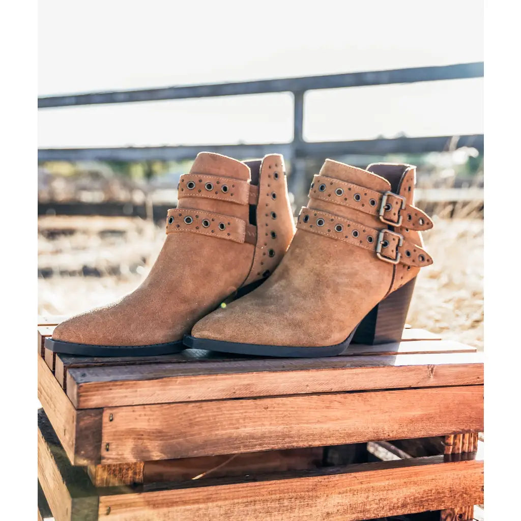 A timeless staple the Elsa Leather Ankle Boot in Tan features genuine suede stylish hardware and cushioned comfort.